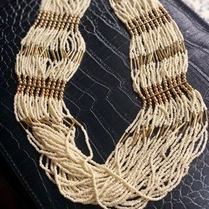 Long Cream and Gold tone Beaded Statement Necklace